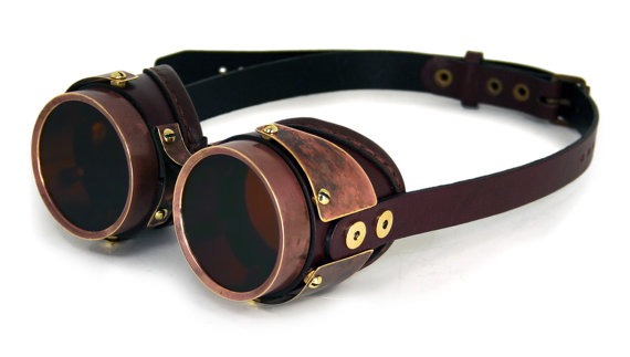 STEAMPUNK GOGGLES brown leather copper patina brass QUAD by MannAndCo steampunk buy now online