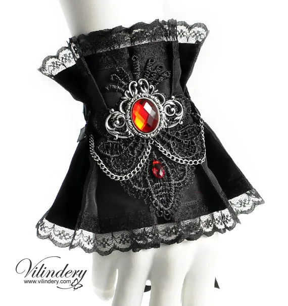 Little black vampire cuff bracelet - Red glass crystal cameo, Elegant dark anime fashion, Cute Dracula lady cosplay, Bloody red design by Vilindery steampunk buy now online