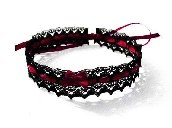 Lace Choker Black | Burgundy Dark Red Satin Ribbon & Satin Bow | Gothic Wedding Victorian Burlesque Cosplay Vampire Cabaret Goth Emo | Briar by ZenAndCoffee steampunk buy now online