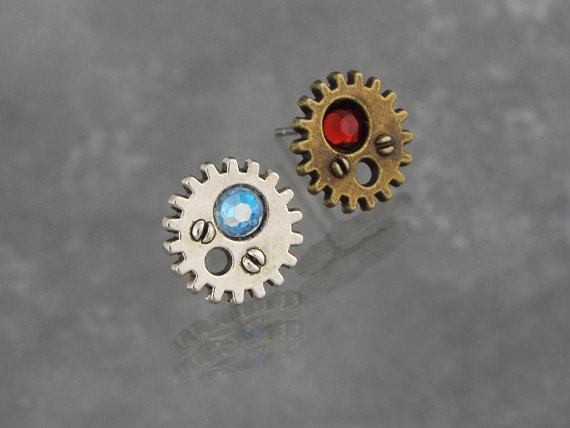 Birthstone Gear Earrings Stud Steampunk Jewelry - Silver or Bronze Tone, Made with Swarovski® Elements Rhinestones by fripparie steampunk buy now online