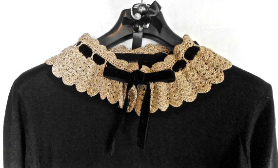 Gold Crochet Lace Peter pan Collar. With Black velvet Ribbon. One of a kind. Handmade in Rome by SaraDollFashion steampunk buy now online