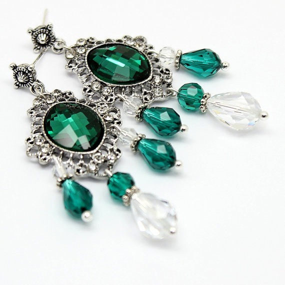 Chandelier Earrings,Crystal Green Post Earrings,Emerald Swarovski Briolette Pear Crystal,Steampunk Silver Filigree Bridal Jewelry,Long Post by MartakyArt steampunk buy now online