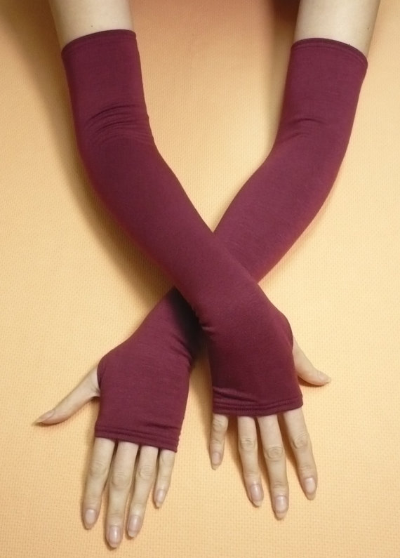 Long Burgundy Fingerless Gloves Gothic Cyber Stretchy Armwarmers, Running Gloves Dance Style, Vampire Wedding, Noir, Fusion DAnce Stulpen by estylissimo steampunk buy now online