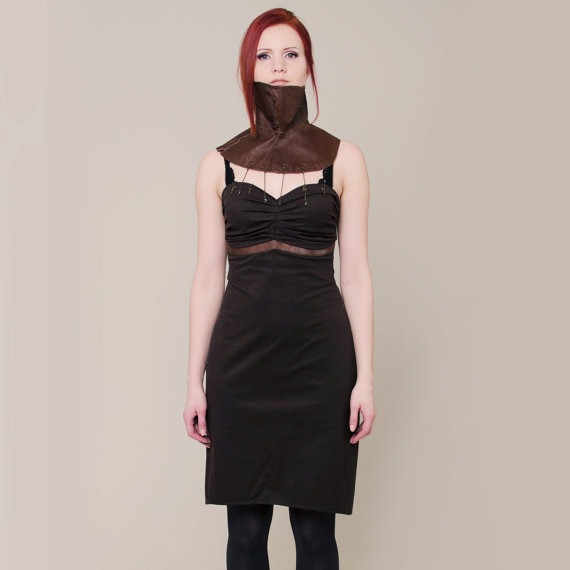Brown steampunk dress and leather face mask, Chains and full face mask, Cosplay outfit, steampunk mask, fetish dress, chains dress by MASQfashion steampunk buy now online