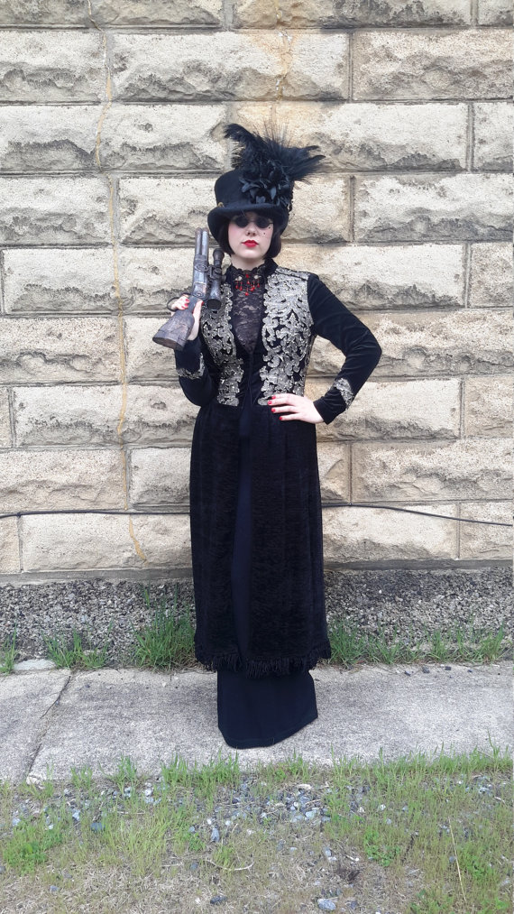 ORIGINAL and one of a kind HANDMADE steampunk, victorian black velvet lace and beaded maxi coat free shipping! by RCMooreVintage steampunk buy now online