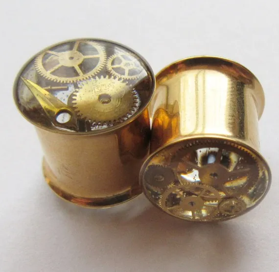 Steampunk Plugs, Gold Tunnels, Cogs Gears Watch Parts Metallic, Unique Custom Ear Plugs, Unusual 0g to Large Gauge Ear Tunnels 8mm to 51mm by HandmadeAt62 steampunk buy now online
