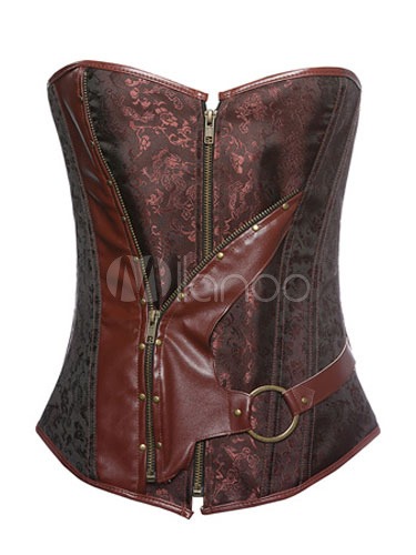 Brown Steampunk Steel Boned Overbust Corset  With Zip Closure and PU Trim steampunk buy now online