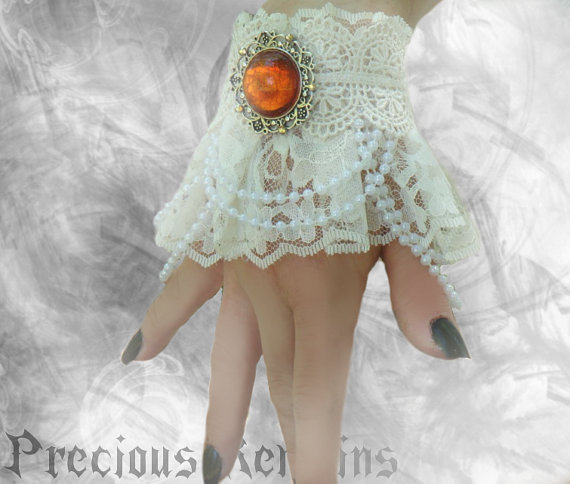 Ophelia Bracelets Pair White Lace Wrist Cuffs ~ Elegant Victorian Lolita Sweet Rococo Steampunk ~ Swarovski Bridal Cosplay Fairy by PreciousRemains steampunk buy now online