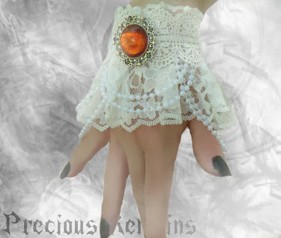 Ophelia Bracelets Pair White Lace Wrist Cuffs ~ Elegant Victorian Lolita Sweet Rococo Steampunk ~ Swarovski Bridal Cosplay Fairy by PreciousRemains steampunk buy now online