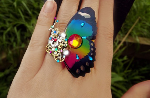 Steampunk ring, butterfly ring, rainbow ring, unique steampunk, filigree ring, cocktail boho ring, OOAK, magic ring, watch gear ring by CindersJewelryDesign steampunk buy now online