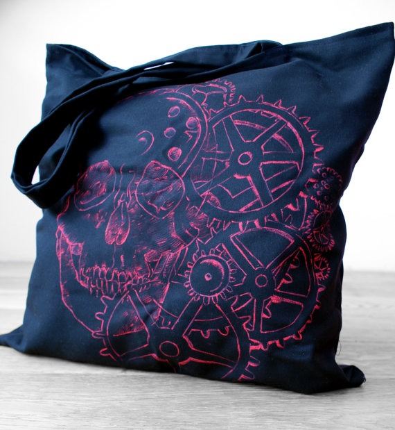 Skull Steampunk canvas bag, Reusable black hand painted shopping bag, Goth bag by KropkaDesign steampunk buy now online