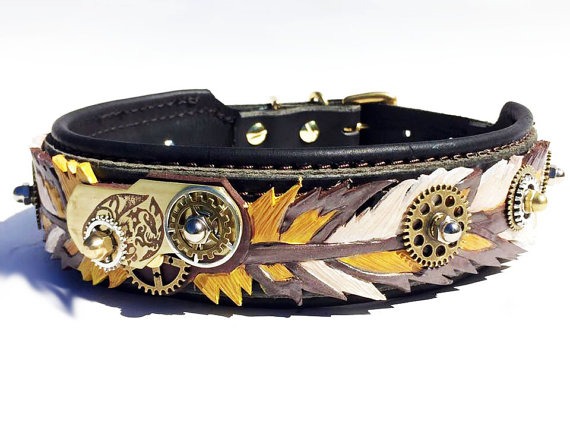 Steampunk Peacock Feather Hand Tooled Leather Dog Collar by FinelyTooled steampunk buy now online
