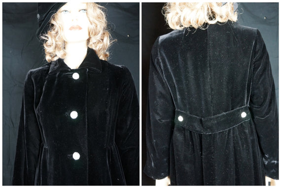 Vng 40s Black Velvet Goth Edwardian Opera Coat / Mid Century Black Velvet Full Length Coat with Rhinestone Buttons / Gothic / Steampunk Sz S by HippieGypsyBoutique steampunk buy now online