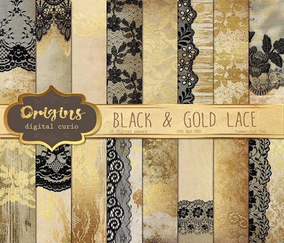Black and Gold Lace Digital Paper, rustic digital paper, black lace digital paper, scrapbook paper, shabby wedding backgrounds textures by OriginsDigitalCurio steampunk buy now online