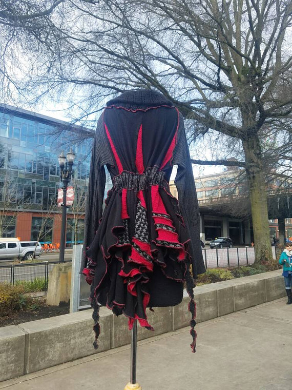 Long Black, Gray w/ red accents bustles in the Back double breasted Jacket One Size fits ALL coat / dress Great Winter early spring Layer. by ShabbyKnapsack steampunk buy now online