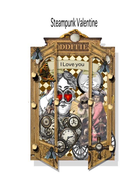 Steampunk Oddities Cabinet Valentine Card Printable download DIY collage sheet craft project perfect for Valentines day by Raidersofthelostart steampunk buy now online