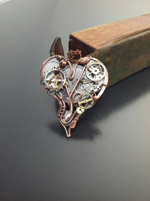 Steampunk heart pendant Industrial Victorian necklace Steampunk necklace Valentine gift Heart gears jewelry Watch parts heart Copper heart by AlmostRealFlowersArt steampunk buy now online