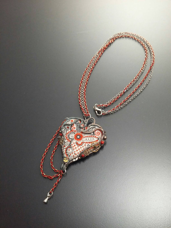 Valentine's heart Steampunk pendant Mechanical heart Red heart necklace by AlmostRealFlowersArt steampunk buy now online