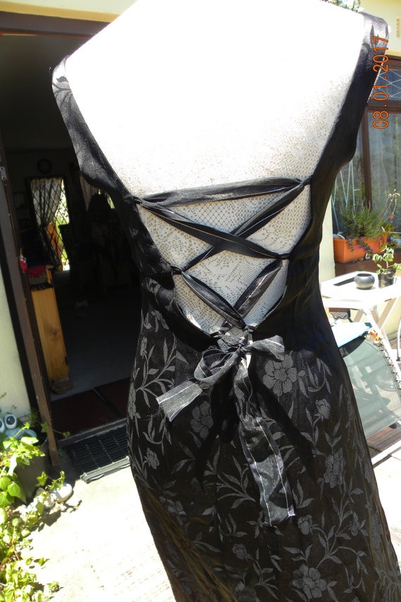 Stunning long black and deep maroon vintage evening dresssize uk 12 usa 10, gothic, steampunk lace up by MidnightMaidens steampunk buy now online