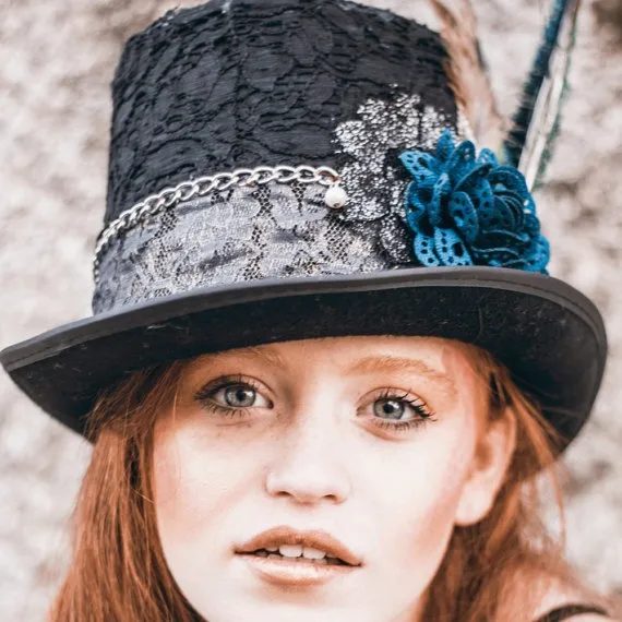 Lace top hat, silver & black magician hat, magic hat, 1920's top hat, top hat for woman, steampunk hat, alice in wonderland hat, tea party by Inspirala steampunk buy now online