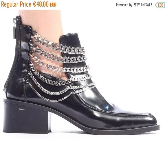 SALE . STEAMPUNK Boots 90s Black Chelsea CHAINS Western Ankle Boots Vintage Vegan Faux Leather Wide Fit Half Booties Us women 10.5, Uk 8, E by Taibaka steampunk buy now online