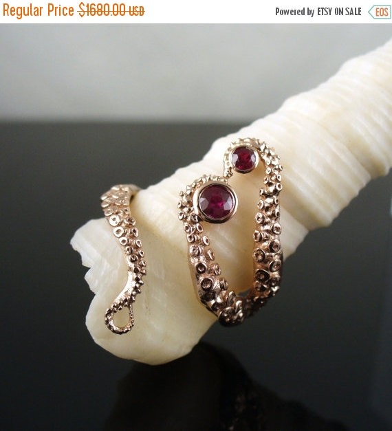 VDAY Sale Wicked in Rose Gold with Rubies, Tentacle Ring, Octopus Ring, Wedding Band, Engagement Ring, Bridal Jewelry by OctopusMe steampunk buy now online