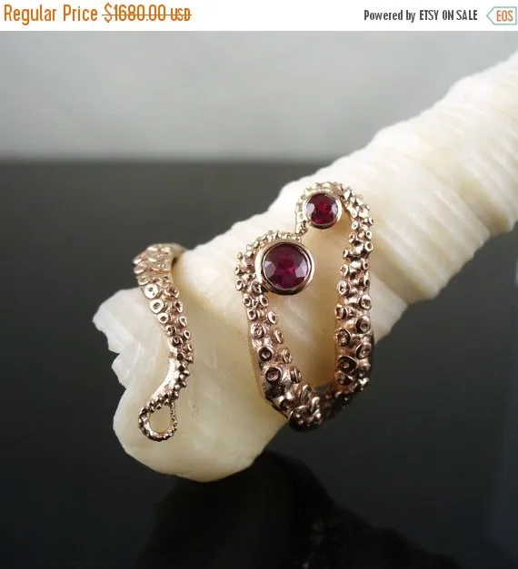 VDAY Sale Wicked in Rose Gold with Rubies, Tentacle Ring, Octopus Ring, Wedding Band, Engagement Ring, Bridal Jewelry by OctopusMe steampunk buy now online