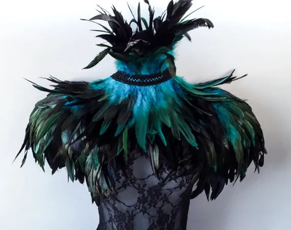 Feather epaulettes - large black teal feather shoulder pads steampunk feathers & double inverted feather neck corset. by BurningPlaya steampunk buy now online