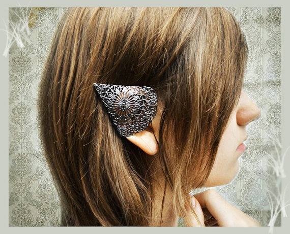 SALE Dark Elf Ear Cuffs Ornate Black Pewter Filigree Elven Ear Tip Covers Two piece set Non pierced No pierce Were 32.00 by ravenevejewelry steampunk buy now online
