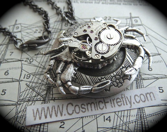 Steampunk Necklace Silver Crab Locket Necklace Vintage Watch Movement Rustic Silver Locket Gothic Victorian Steampunk Nautical Art Jewelry by CosmicFirefly steampunk buy now online