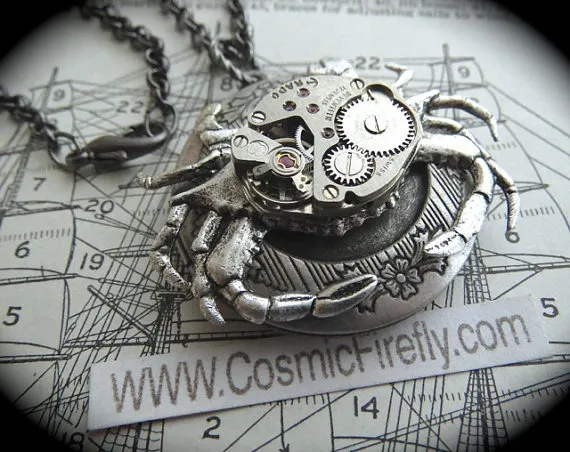 Steampunk Necklace Silver Crab Locket Necklace Vintage Watch Movement Rustic Silver Locket Gothic Victorian Steampunk Nautical Art Jewelry by CosmicFirefly steampunk buy now online