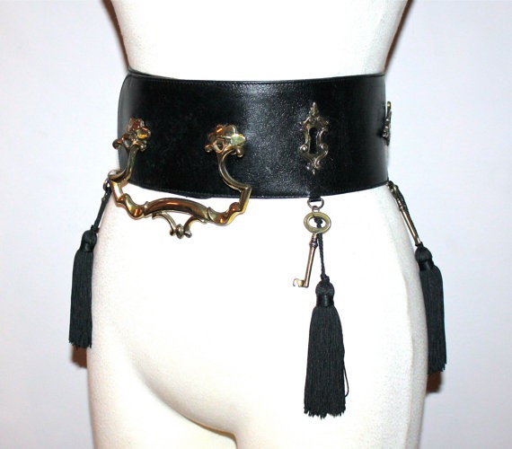 MOSCHINO REDWALL Vintage Belt Black Leather Lock Key Doorknocker Tassel - AUTHENTIC - by StatedStyle steampunk buy now online