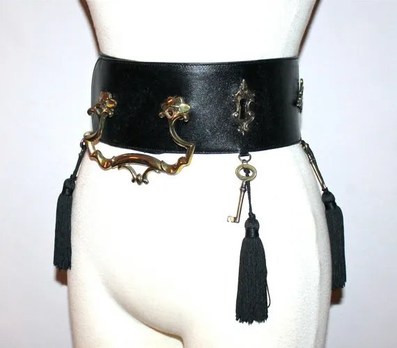 MOSCHINO REDWALL Vintage Belt Black Leather Lock Key Doorknocker Tassel - AUTHENTIC - by StatedStyle steampunk buy now online