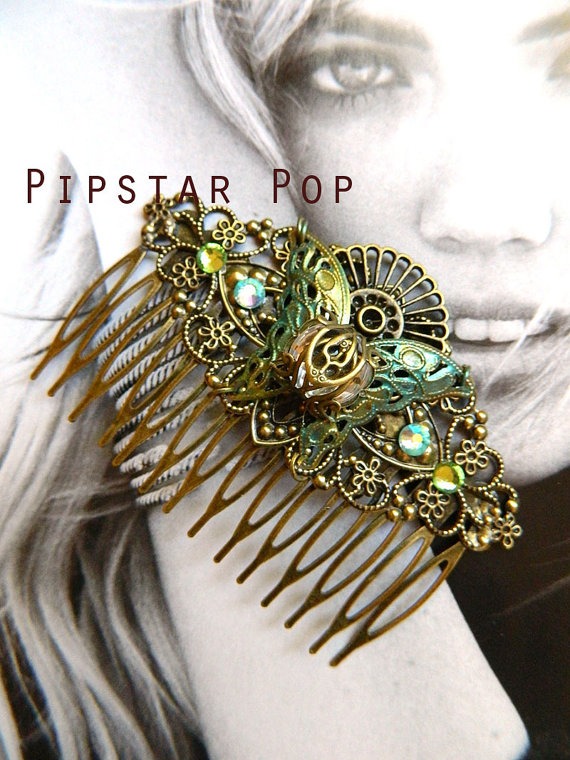 Art Nouveau Bronze Butterfly filigree comb with rhinestones. Emerald city collection - Neo Classical and Steampunk Jewelry Hair Accessories by PipStarPop steampunk buy now online