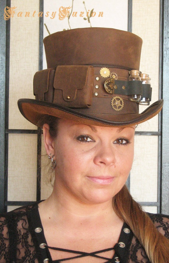 Steampunk Hat Futurist Traveller Gears Leather HIGH Top Hat with Pockets and Glass Vials Band by FantasyFuzion steampunk buy now online