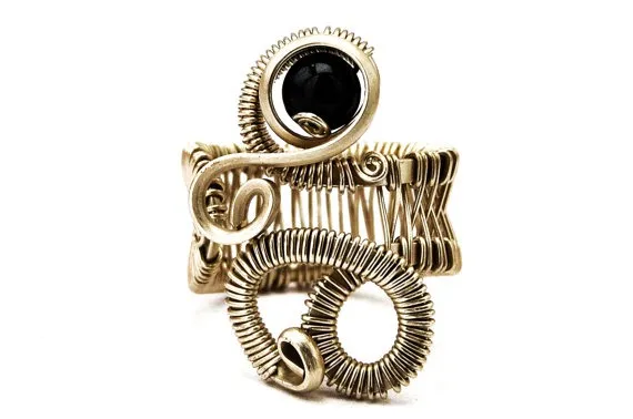 Steampunk Ring, Wire Wrapped Ring, Cocktail Ring, Gemstone Ring, Black Stone Ring, Statement Ring, Silver Wire Ring, Gothic Ring, Women Ring by HyppieChic steampunk buy now online