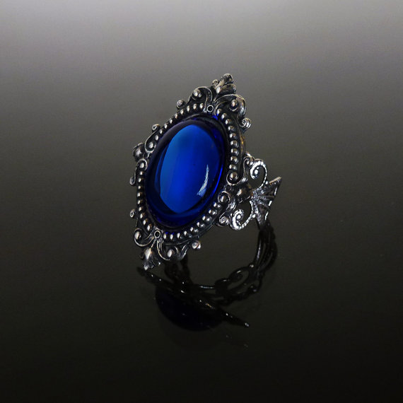Victorian gothic ring - Sapphire blue ornate filigree steampunk ring - adjustable SINISTRA ring by DarkEleganceDesigns steampunk buy now online