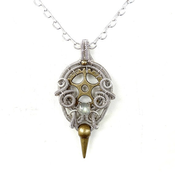 Spike Pendant Necklace - Wire Wrapped Labradorite Pendant - Silver Pendant - Steampunk Gear Pendant - Gothic Steampunk Collection by AbstractFantasy steampunk buy now online