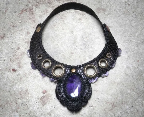 PARADOX 004⎜Black leather necklace with natural amethyst⎜Victorian punk necklace⎜Leather jewelry⎜Burning man jewelry⎜Statement necklace by TximeletaCreations steampunk buy now online