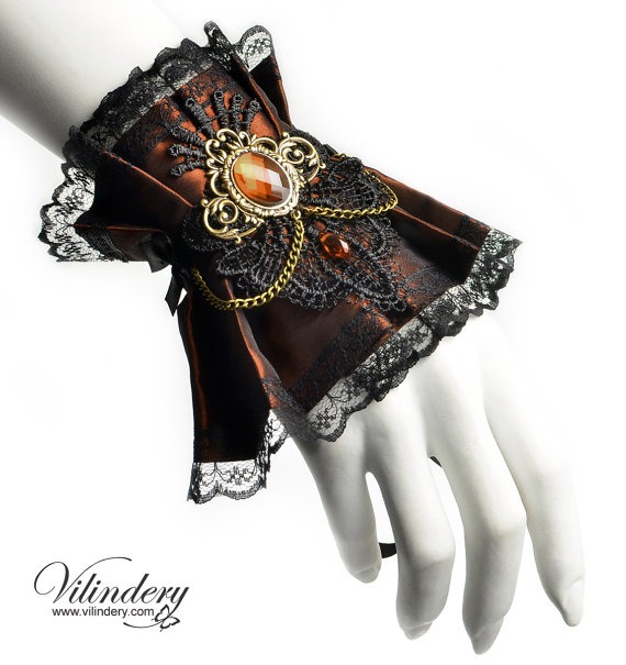 Little Steampunk cuff bracelet - Steam Wedding, Victorin fantasy, Brown fabric wrist decor, Cute Lolita accessories, Geek girl bride by Vilindery steampunk buy now online