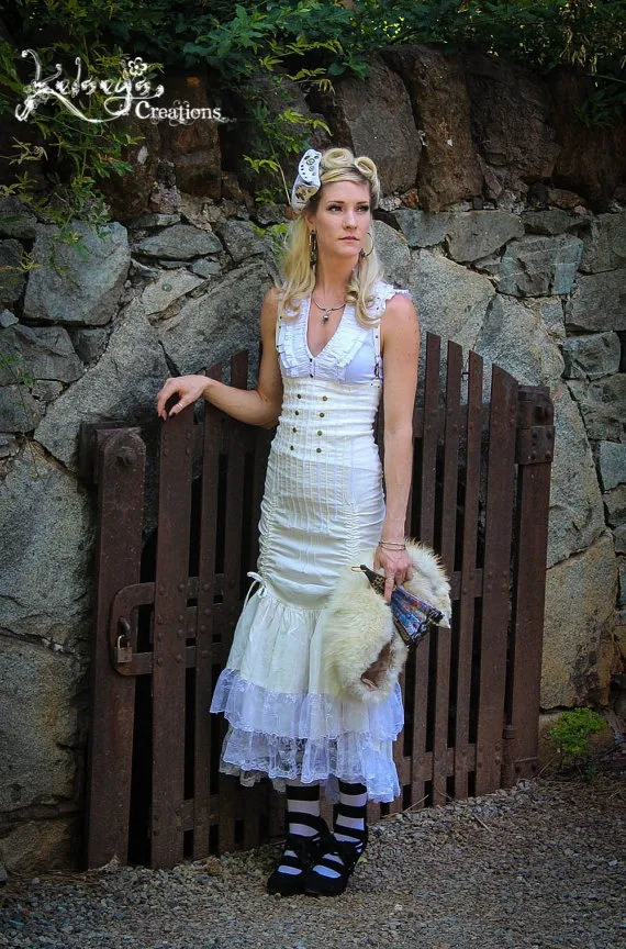 High Waisted Skirt - XSmall, White Skirt, Victorian, Steampunk, Ruffled Skirt, Brass, Boho, Festival Clothing, Burning Man, Victory Skirt by KelseysCreationsShop steampunk buy now online