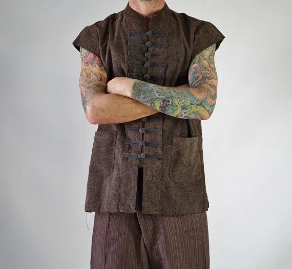 NAVAL PIRATE VEST Cap Sleeve St Brown - pirate coat, renaissance shirt, medieval, pirate shirt, renaissance costume, frog buttons, doublet by zootzugarb steampunk buy now online