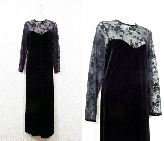 Vtg 90s Black Velvet + Sheer Lace Gothic Elegant Evening Dress sz 12 by SirenCallVintage steampunk buy now online