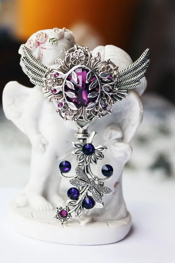 Purple angel wings fantasy steampunk key pendant by DreamCloudJewelry steampunk buy now online