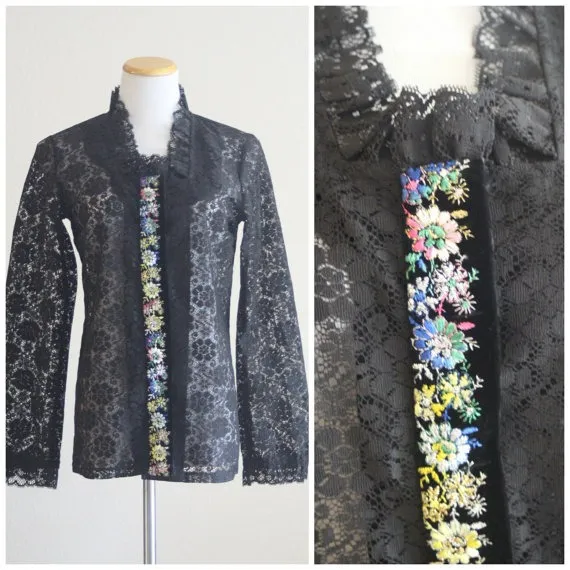Vintage 60's 70's CAPTIVE CREATIONS Sheer Lace Velvet Floral Metallic Flowers Ribbon Tunic Blouse Shirt Victorian gypsy by ZodiacVintageCo steampunk buy now online