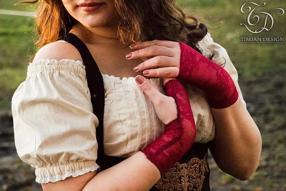 New! LACE CUFFS - Gloves Arm Wrist warmers - Hippie Bohemian Steampunk Boho Rock Lolita Burning Man - Red Fuchsia Bordeaux by TimjanDesign steampunk buy now online