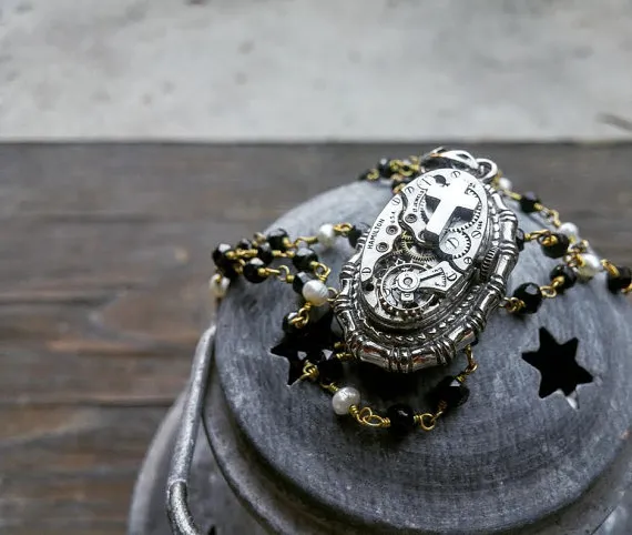 SaraBelle. Wire Wrapped Gold and Pearl, and Spinel Steampunk Goth Clockwork Casket Necklace. by MaumMaum steampunk buy now online
