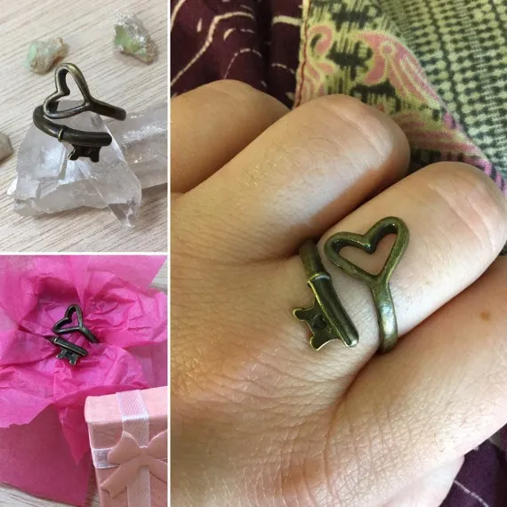 Heart Skeleton Key Ring FREE Gift Box Silver or Bronze Steampunk Boho Jewelry Key to My Heart Promise Ring Wrap Around Key Ring Adult & Teen by AlphaVariable steampunk buy now online