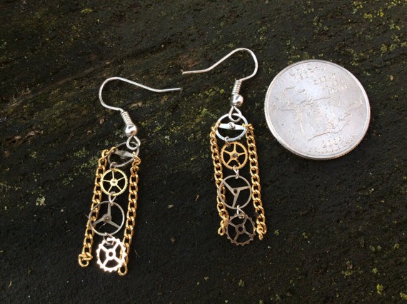 Steampunk Watch Gear Fishhook Earrings with dangly chains by TimelessbyMandy steampunk buy now online