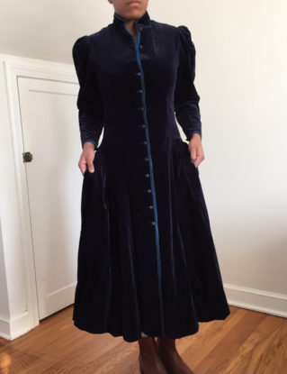 vintage 80s Laura Ashley velvet w/ taffeta midnight blue Victorian riding coat dress 1980s Edwardian equestrian full length duster button up by RecapVintageStudio steampunk buy now online